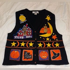Vintage Scully Black Halloween Vest with Stars, Moons, Pumpkins, Bats Size XL